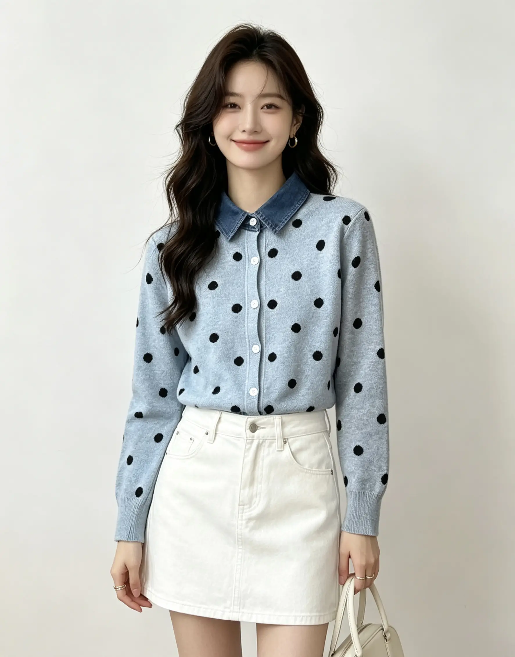 데님 칼라 도트 레트로 가디건 니트 상세 이미지 5