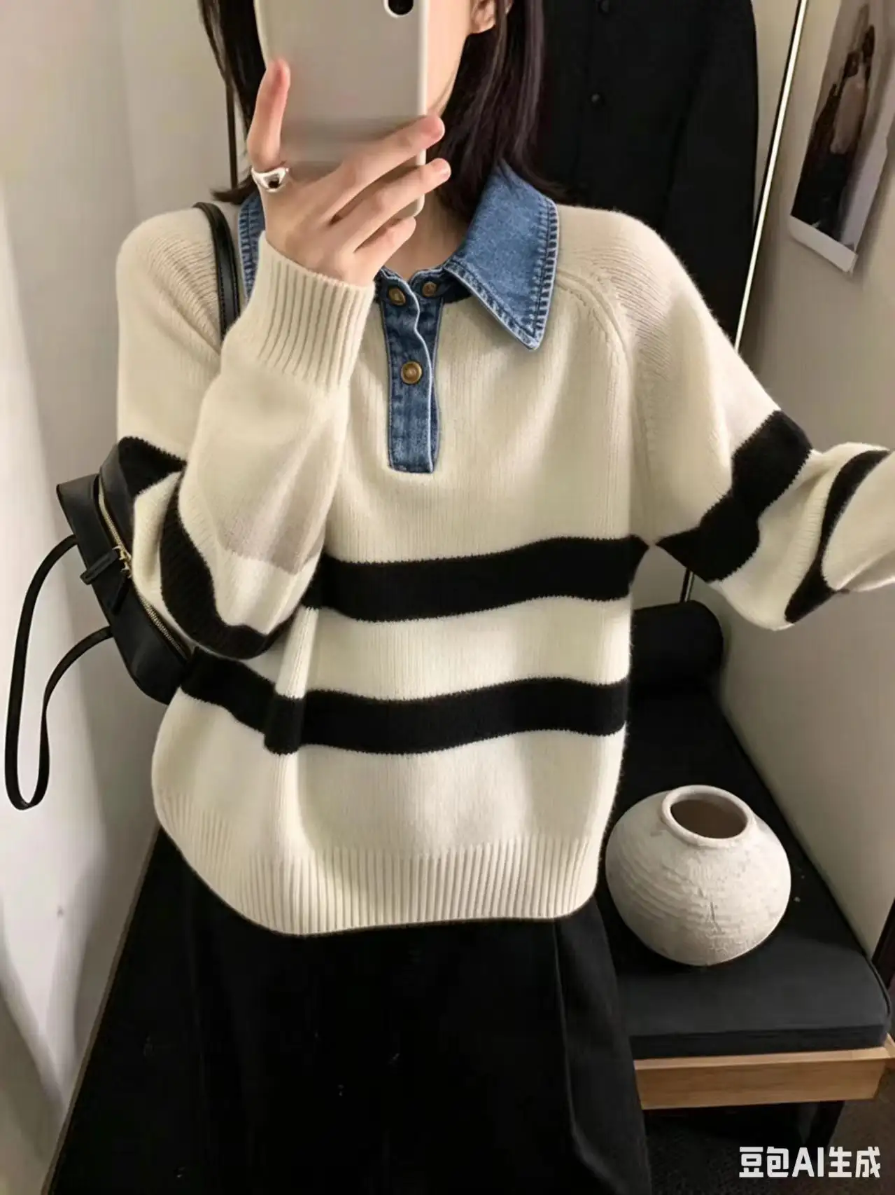 폴드 칼라 스트라이프 가디건 니트 상세 이미지 1