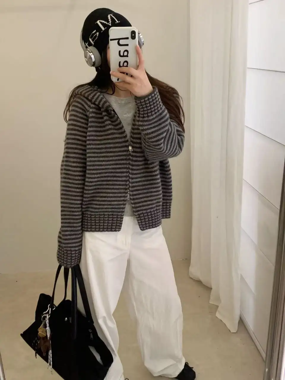 한국인기 레트로 배색 스트라이프 후드 가디건 상세 이미지 1