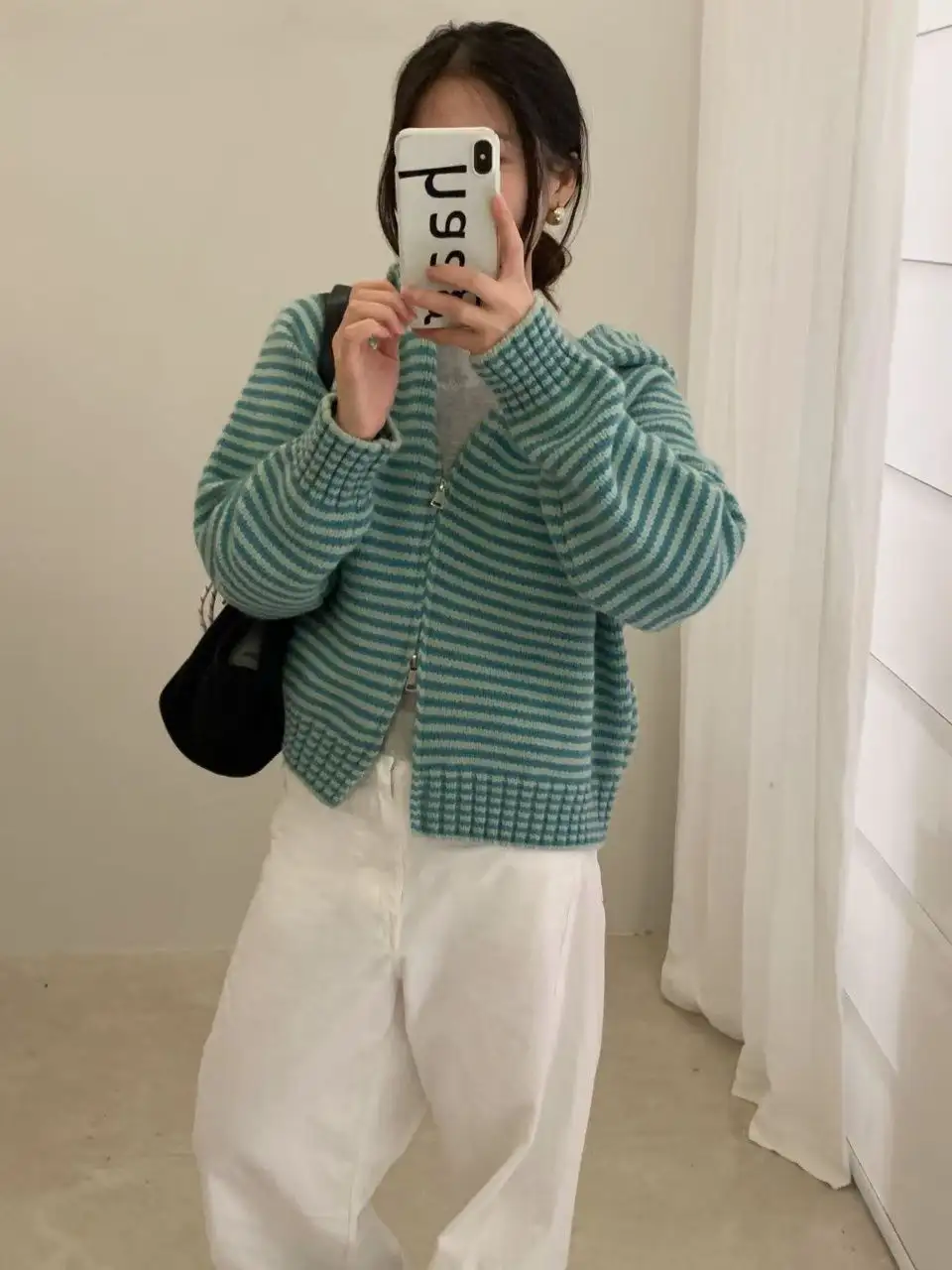 한국인기 레트로 배색 스트라이프 후드 가디건 상세 이미지 3