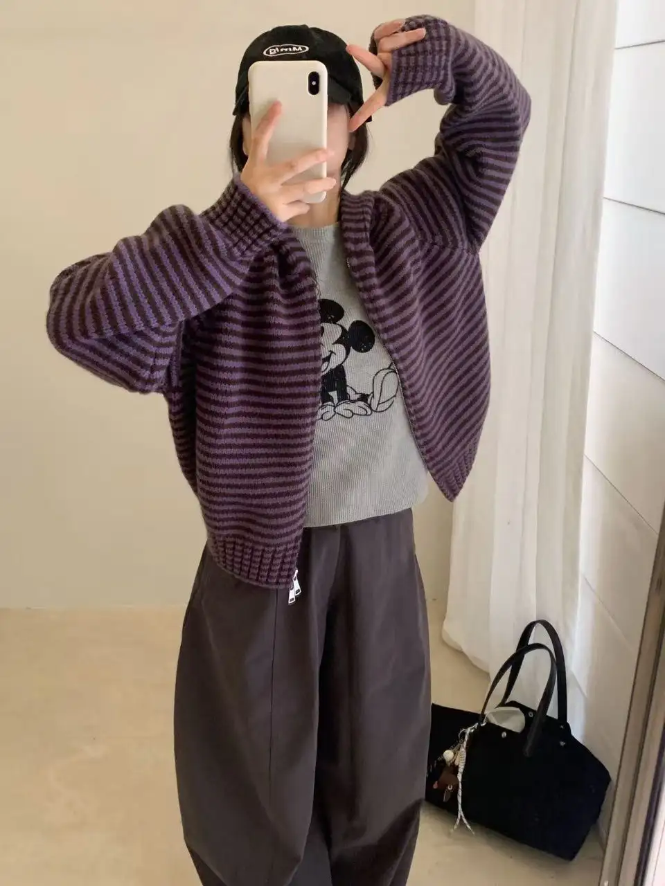 한국인기 레트로 배색 스트라이프 후드 가디건 상세 이미지 5