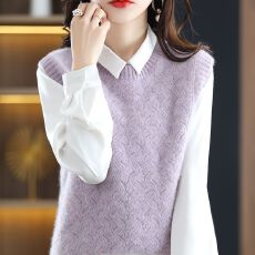 批发马甲女背心春秋新款修身针织衫无袖坎肩镂空圆领<b class='q'>羊绒</b>短款马夹