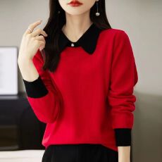 批发polo领撞色翻领套头毛衣女2026秋冬新款宽松慵懒风长袖<b class='q'>羊绒</b>针织衫