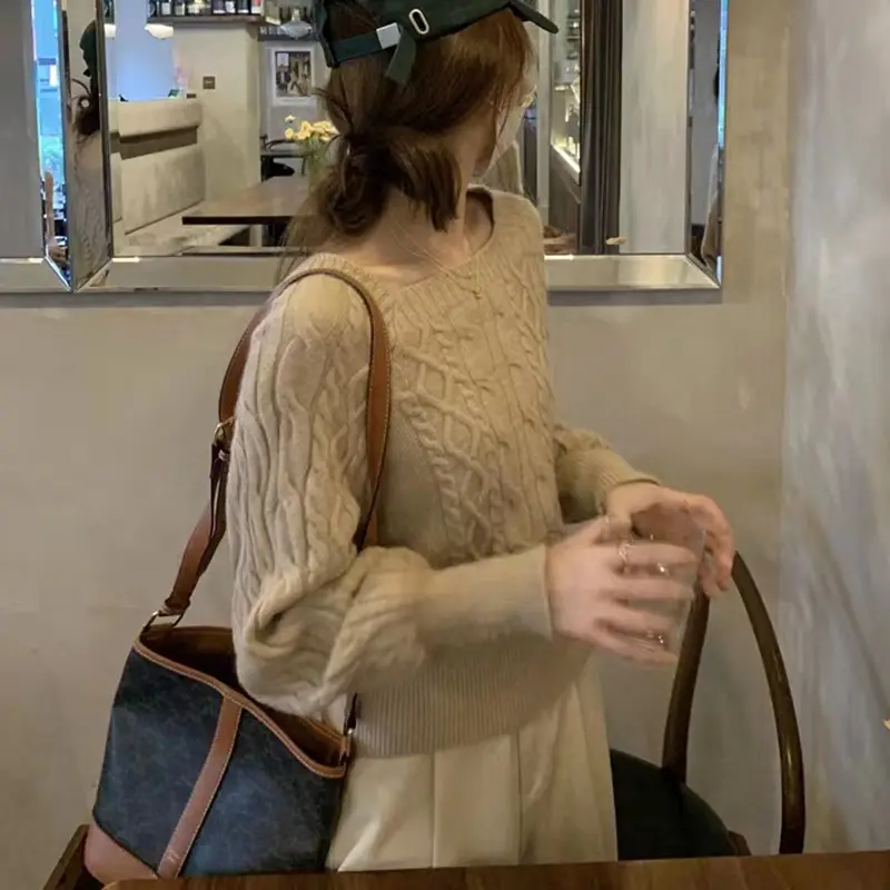 사각넥 레트로 두꺼운 케이블 니트 상세 이미지 8