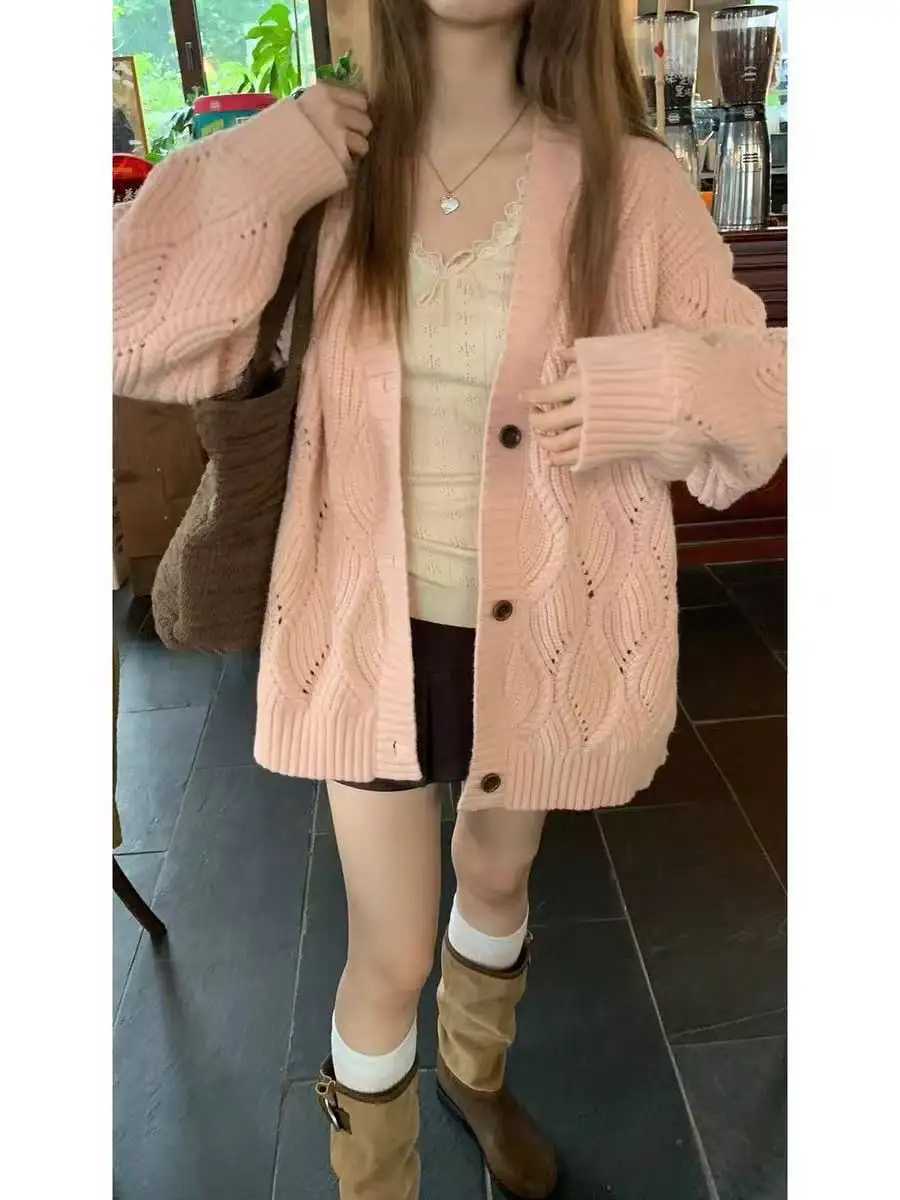 핑크 루즈핏 니트 카디건 상세 이미지 1