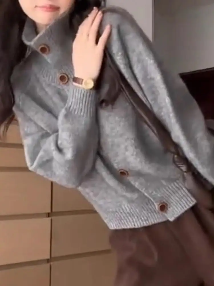 그레이 하이넥 니트 카디건 상세 이미지 4