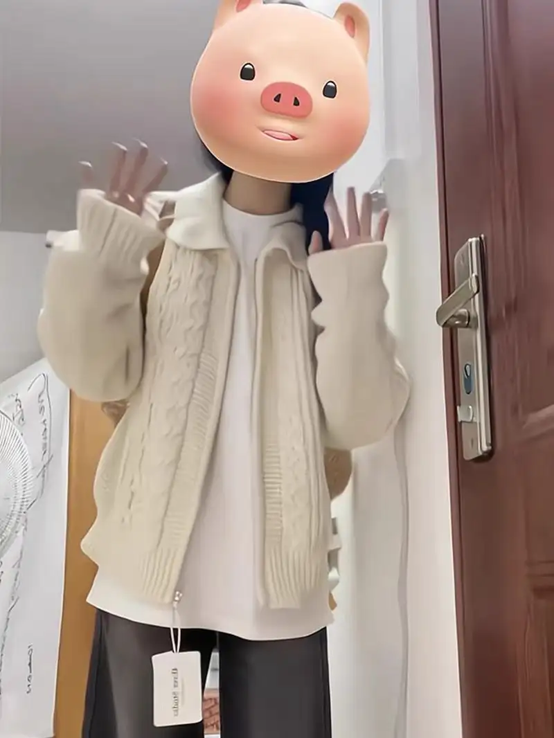 일본인기 레트로 꽈배기 폴드 칼라 가디건 상세 이미지 1