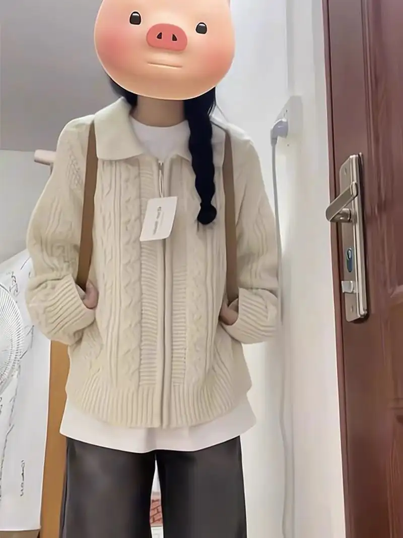 일본인기 레트로 꽈배기 폴드 칼라 가디건 상세 이미지 2