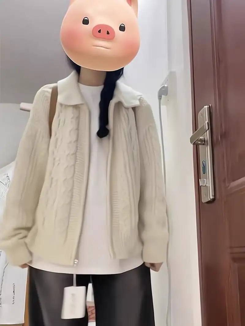 일본인기 레트로 꽈배기 폴드 칼라 가디건 상세 이미지 3