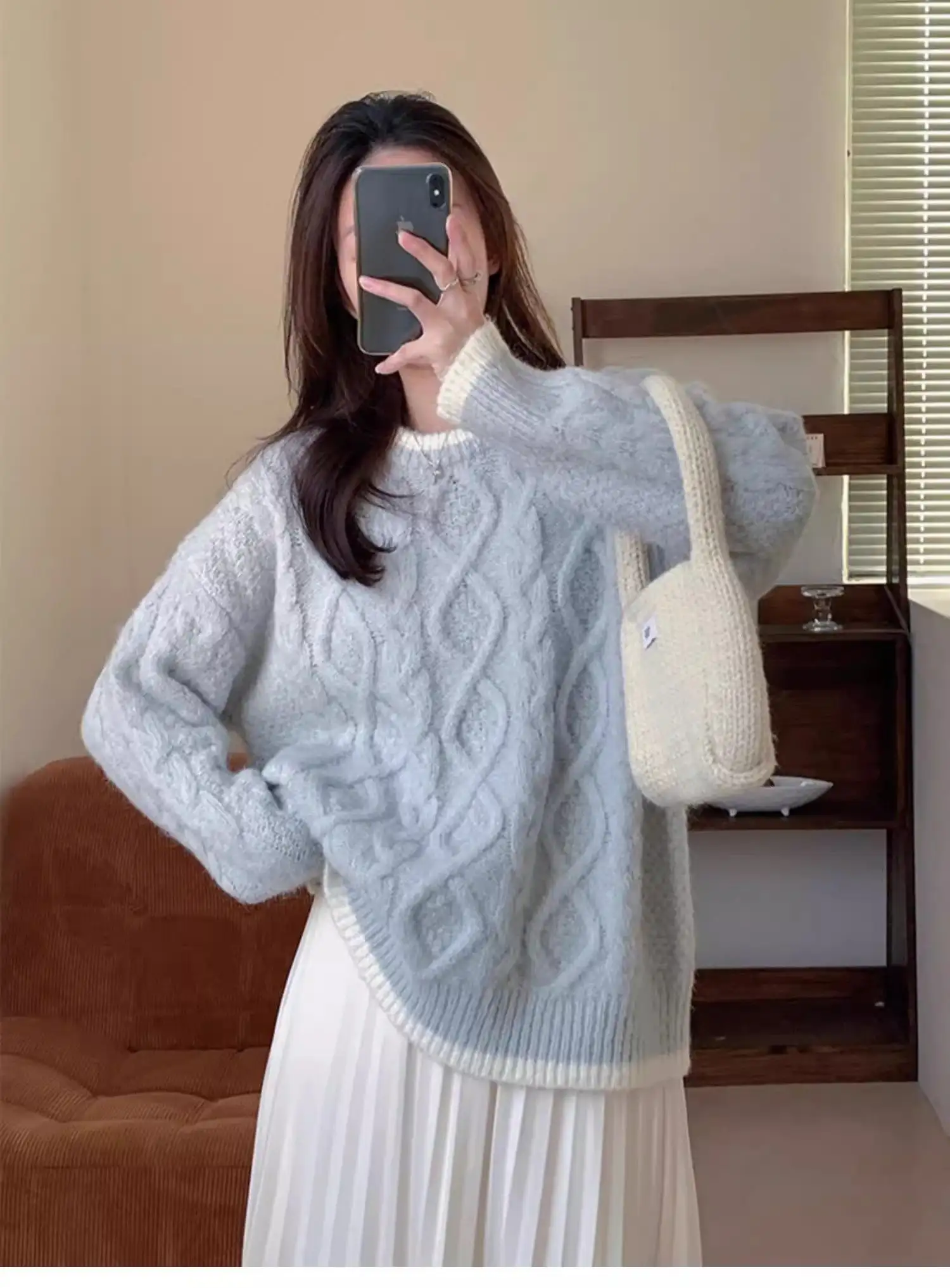 울 블루 크롭 꽈배기 가디건 상세 이미지 18