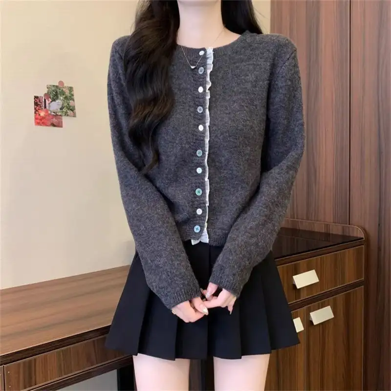 레이스 배색 가디건 상세 이미지 3