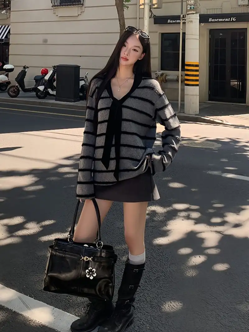 한국인기 레트로 스트라이프 가디건 상세 이미지 1