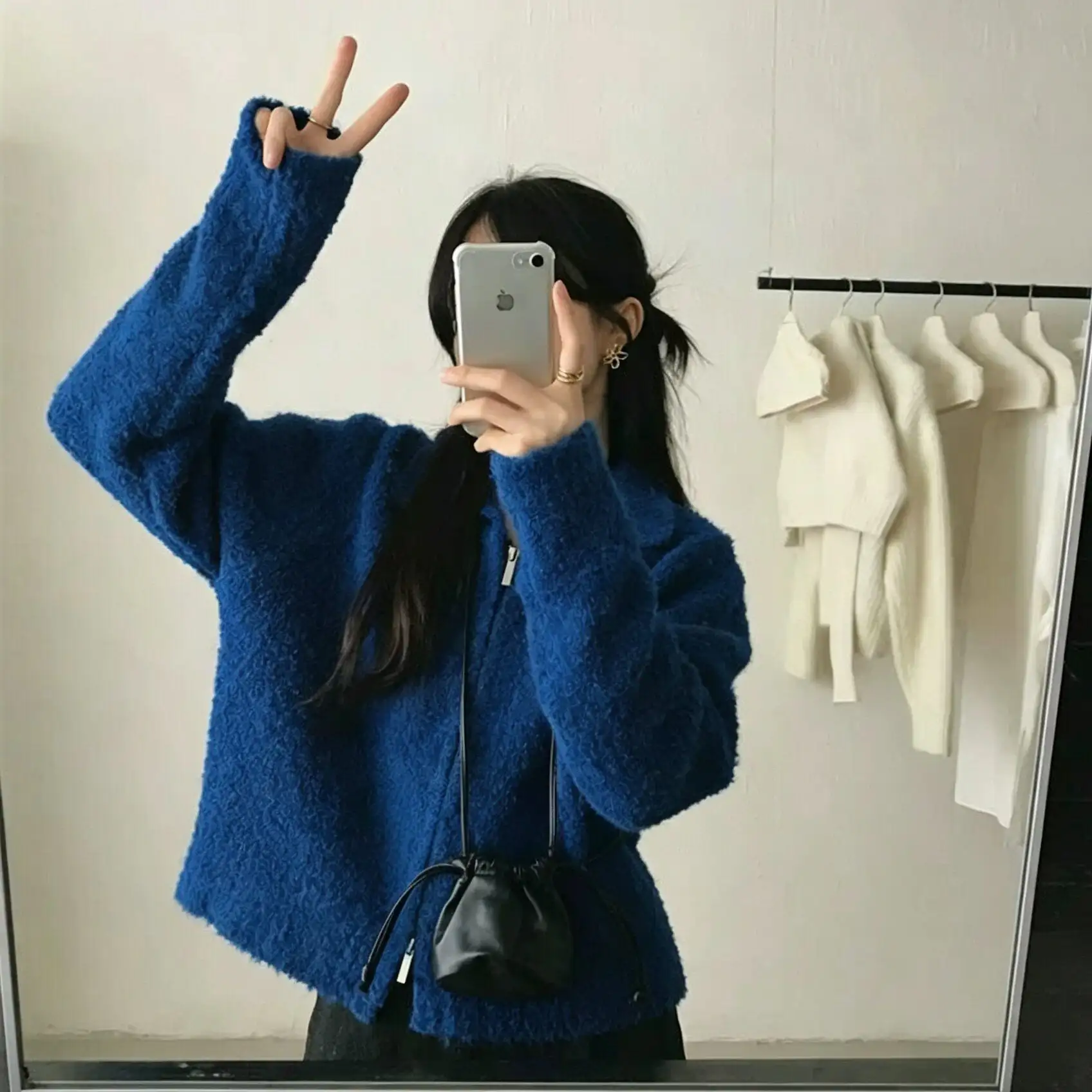 폴드 칼라 더블 지퍼 니트 카디건 상세 이미지 4