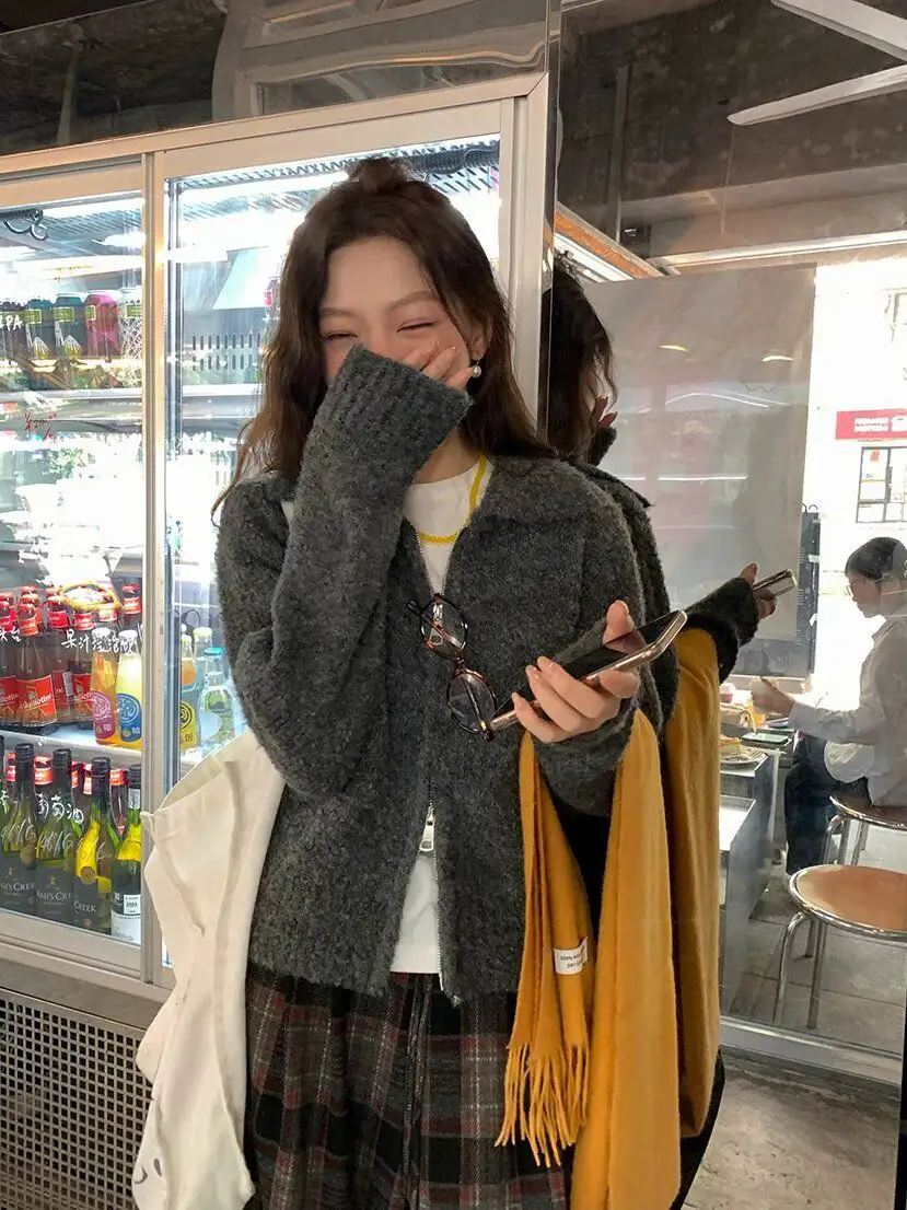 폴드 칼라 더블 지퍼 니트 카디건 상세 이미지 5