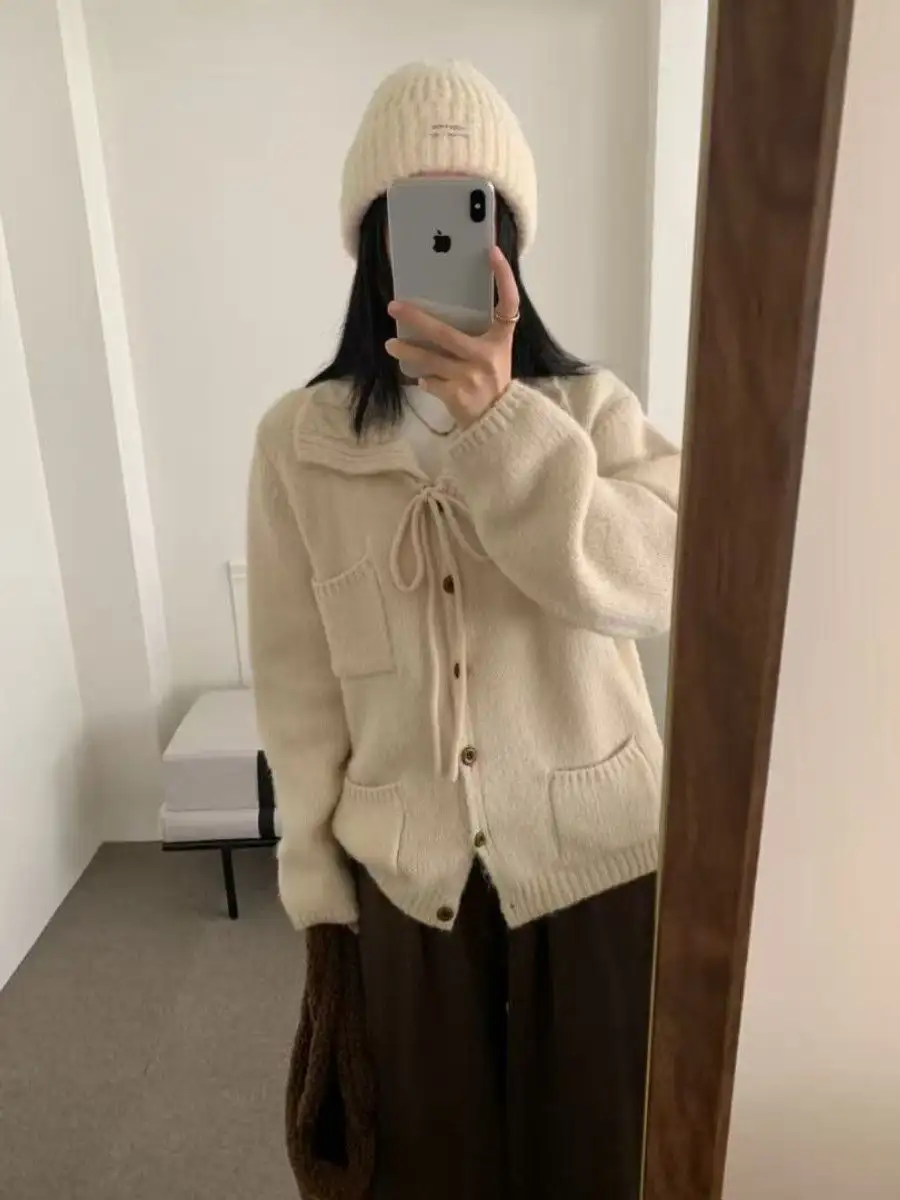 한국인기 폴드 칼라 끈 장식 가디건 상세 이미지 5