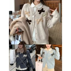 批发洋气立体蝴蝶结加厚毛衣外套女秋<b class='q'>冬</b>季新款保暖宽松开衫