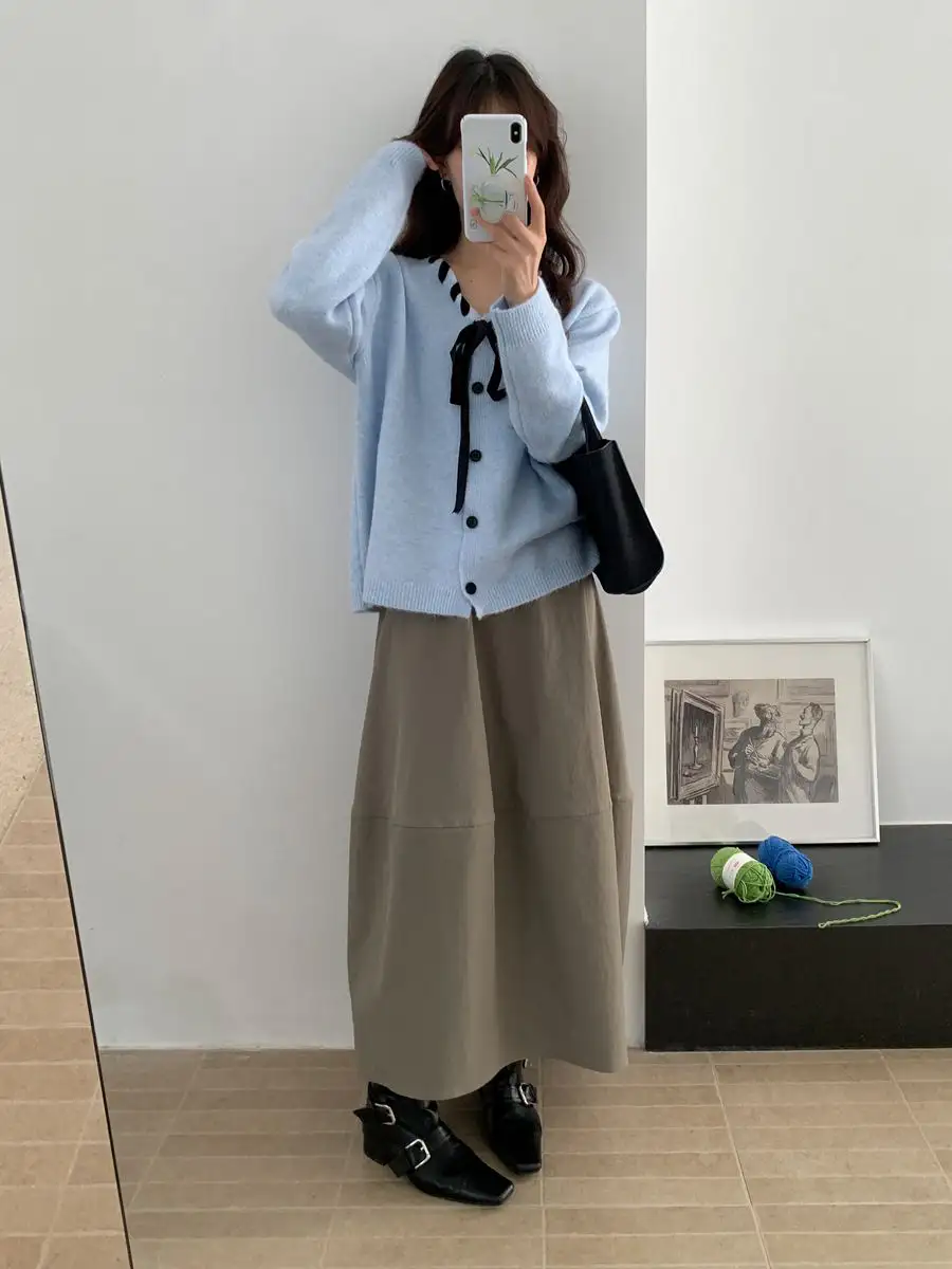 디자인 끈 V넥 단추 가디건 상세 이미지 2