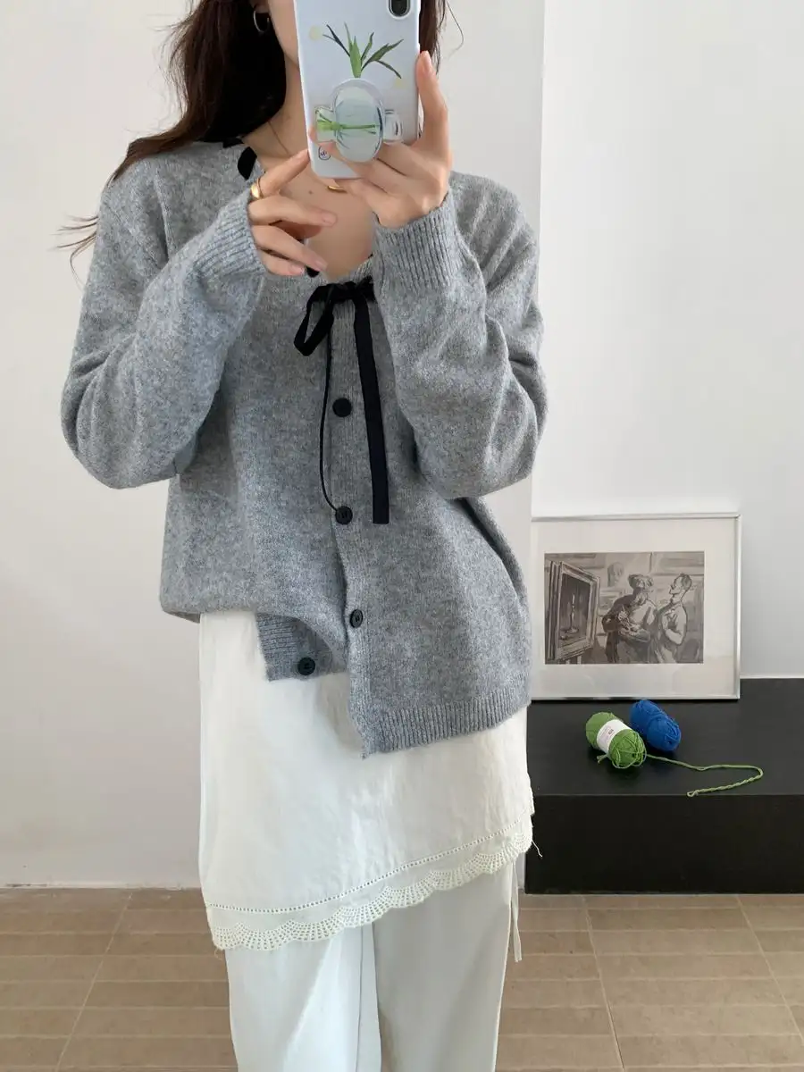 디자인 끈 V넥 단추 가디건 상세 이미지 5