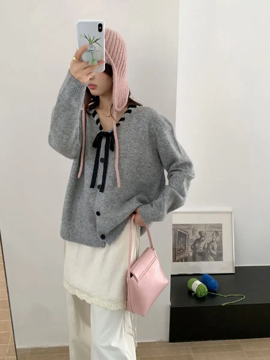 디자인 끈 V넥 단추 가디건 상세 이미지 6