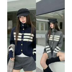 批发复古立领条纹毛衣女秋<b class='q'>冬</b>新款宽松慵懒风加厚针织开衫外套上衣