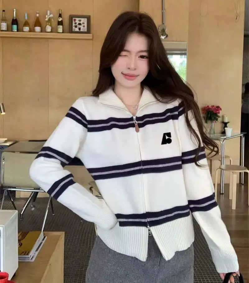 배색 더블 지퍼 하이넥 스트라이프 가디건 상세 이미지 1