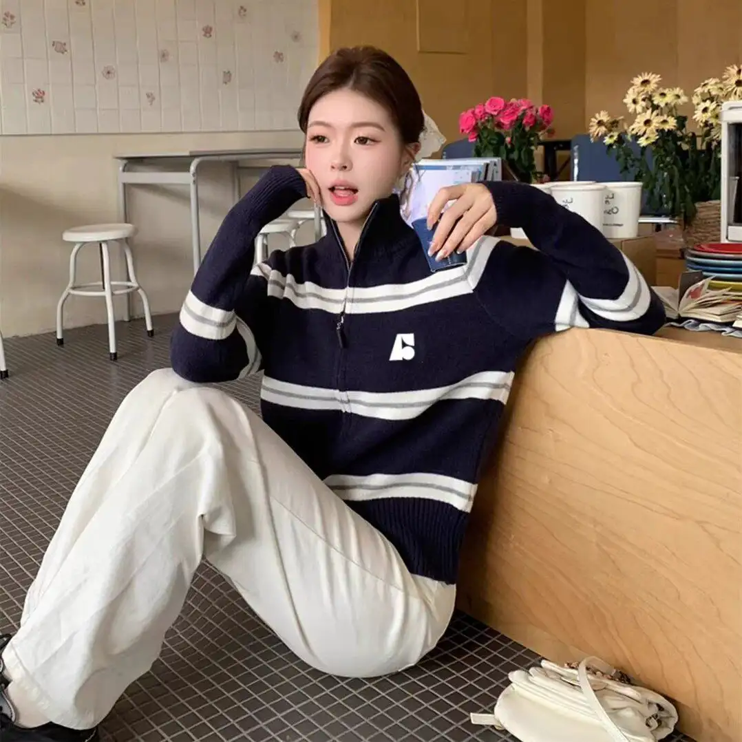배색 더블 지퍼 하이넥 스트라이프 가디건 상세 이미지 4