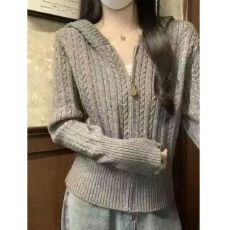 批发温柔风麻花连帽针织开衫女秋冬韩系慵懒拉链毛衣外套收腰<b class='q'>短</b>款上衣