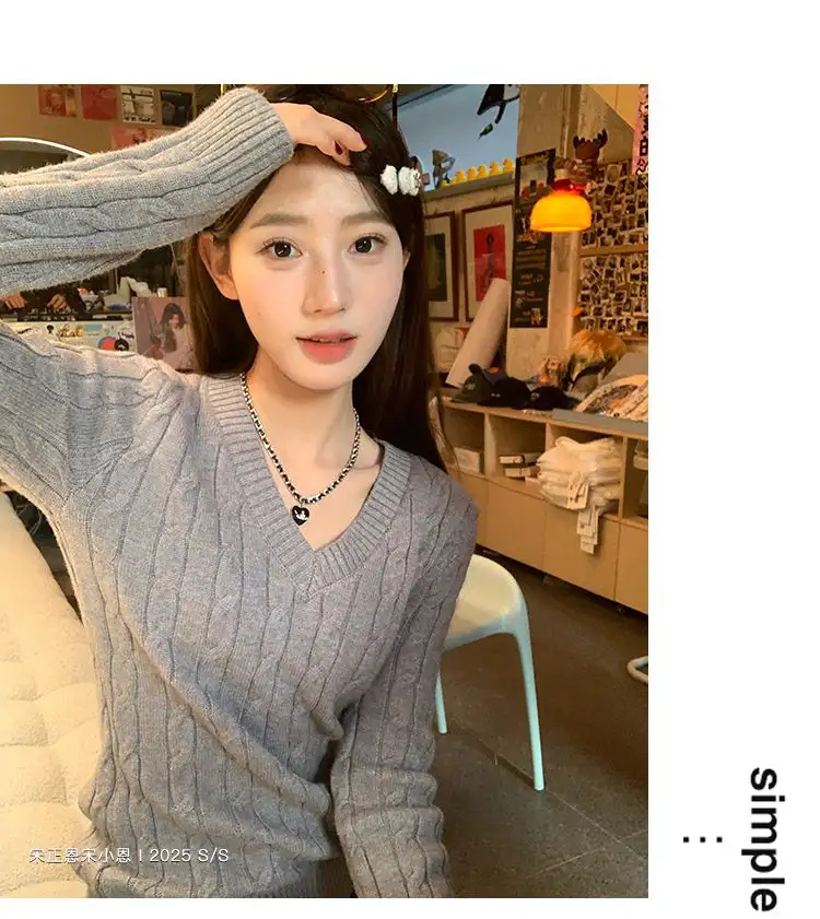 한국인기 루즈핏 꽈배기 V넥 가디건 상세 이미지 7