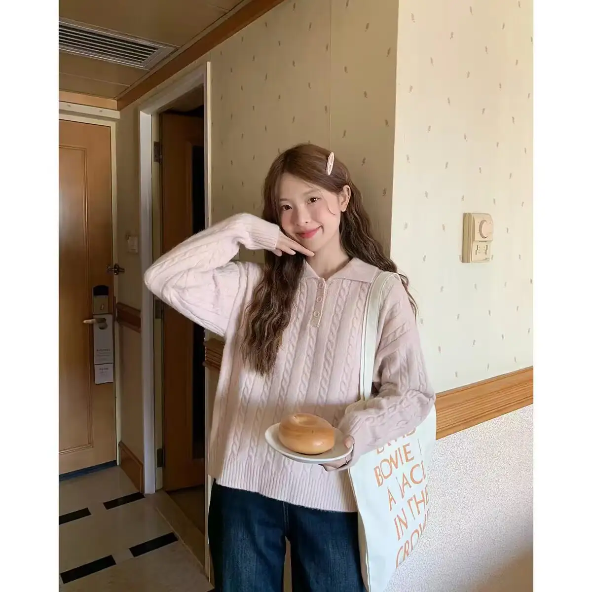 꽈배기 폴드 칼라 긴소매 가디건 상세 이미지 2