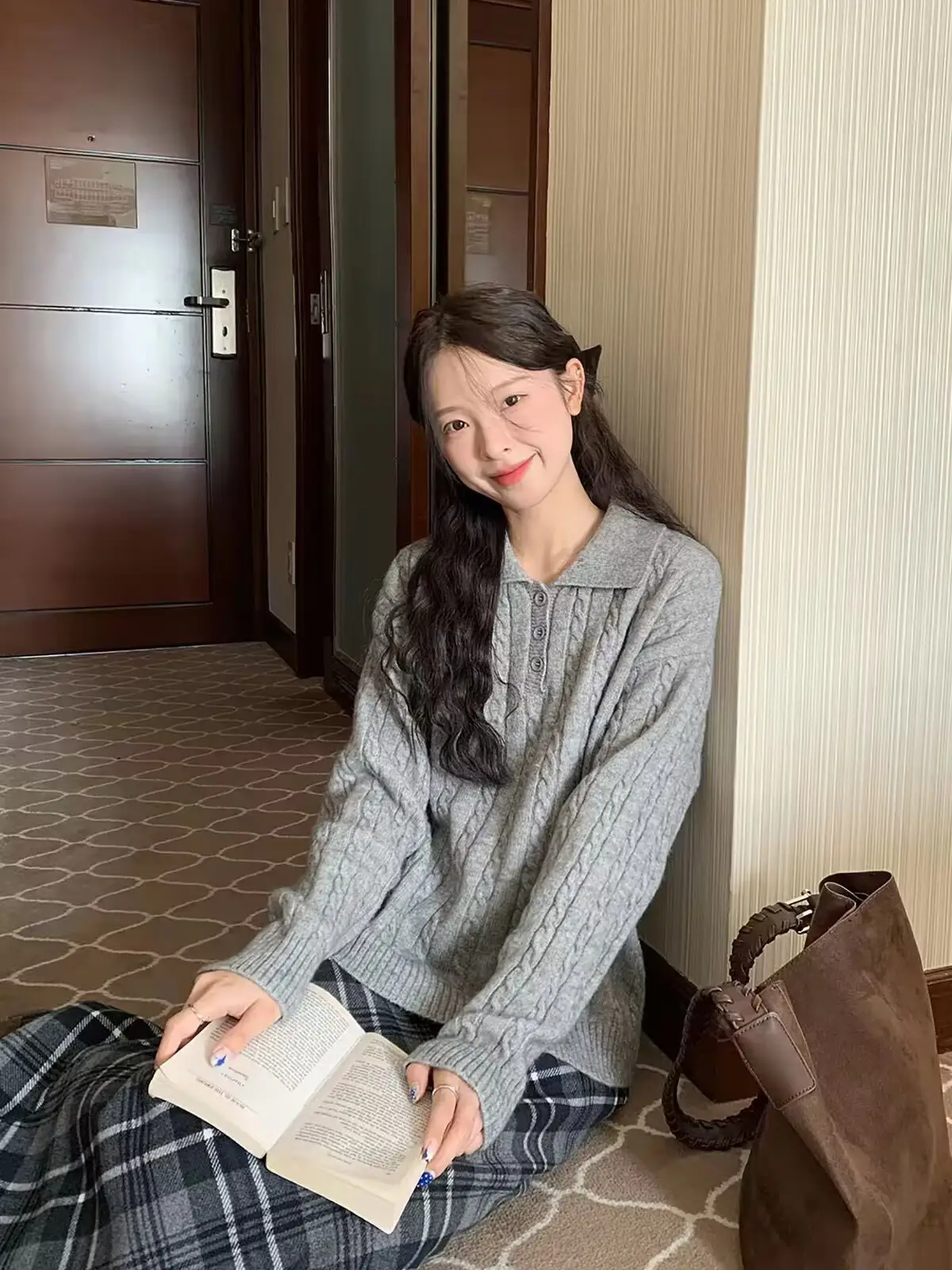 꽈배기 폴드 칼라 긴소매 가디건 상세 이미지 3