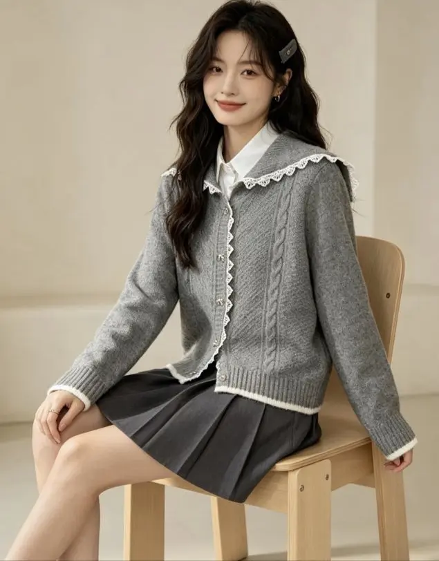 세일러 칼라 꽈배기 가디건