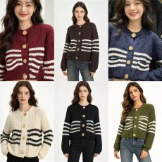 针织衫长袖慵懒风软糯糯时尚条纹宽松2026春季圆领开衫外套女上衣