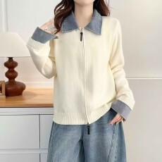 批发翻领长袖<b class='q'>牛仔</b>拼接双拉链针织开衫女秋冬新款慵懒风百搭假两件毛衣