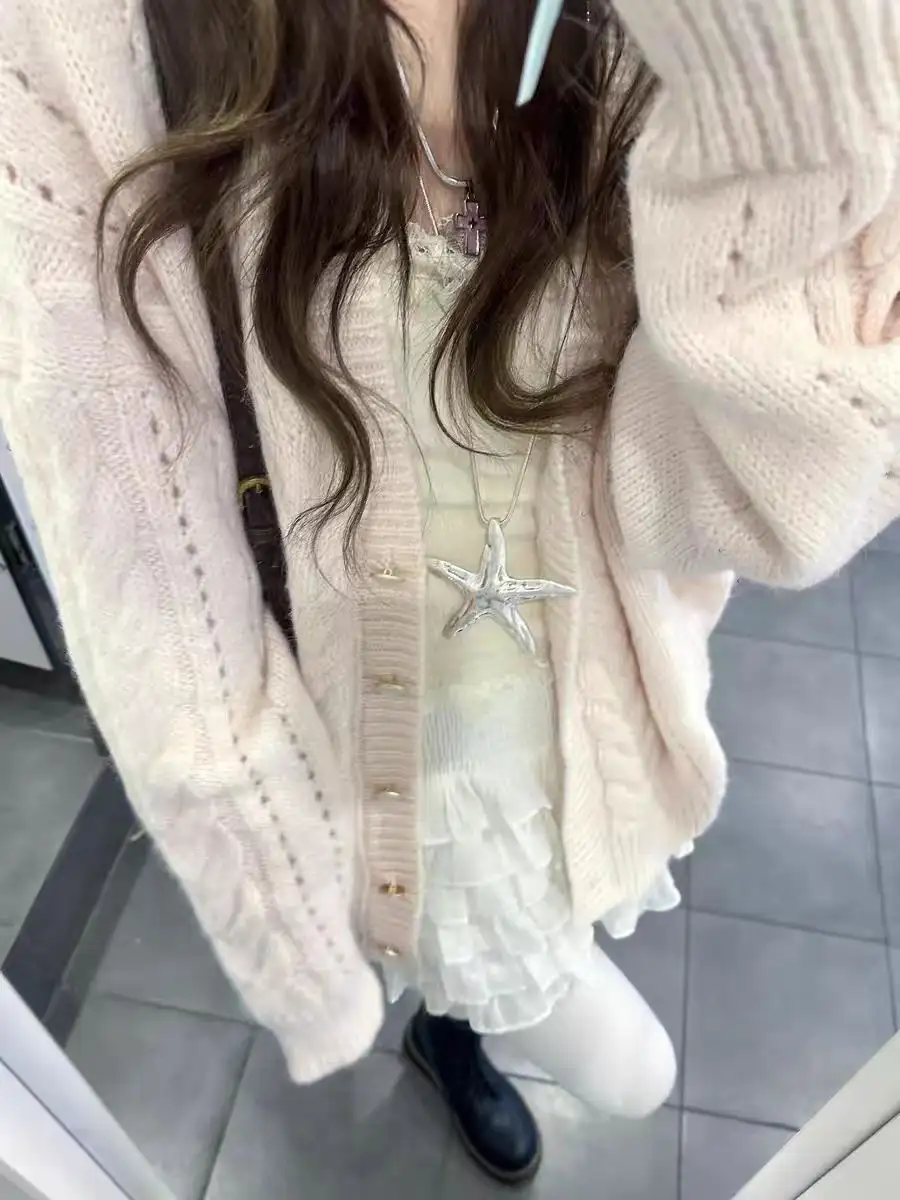 러블리 핑크 V넥 꽈배기 가디건 상세 이미지 6