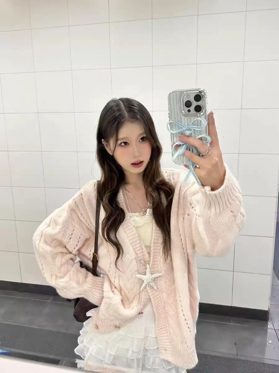 러블리 핑크 V넥 꽈배기 가디건 상세 이미지 7
