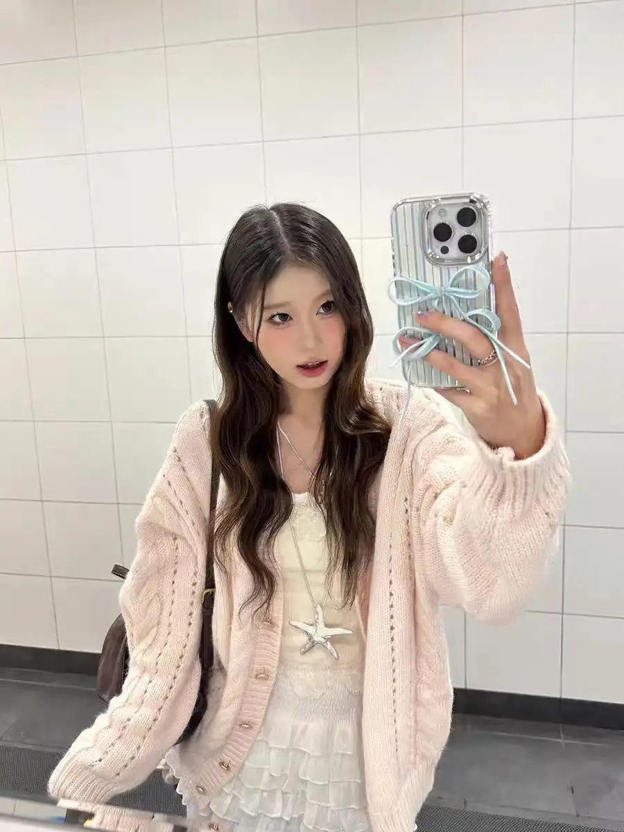 러블리 핑크 V넥 꽈배기 가디건 상세 이미지 8