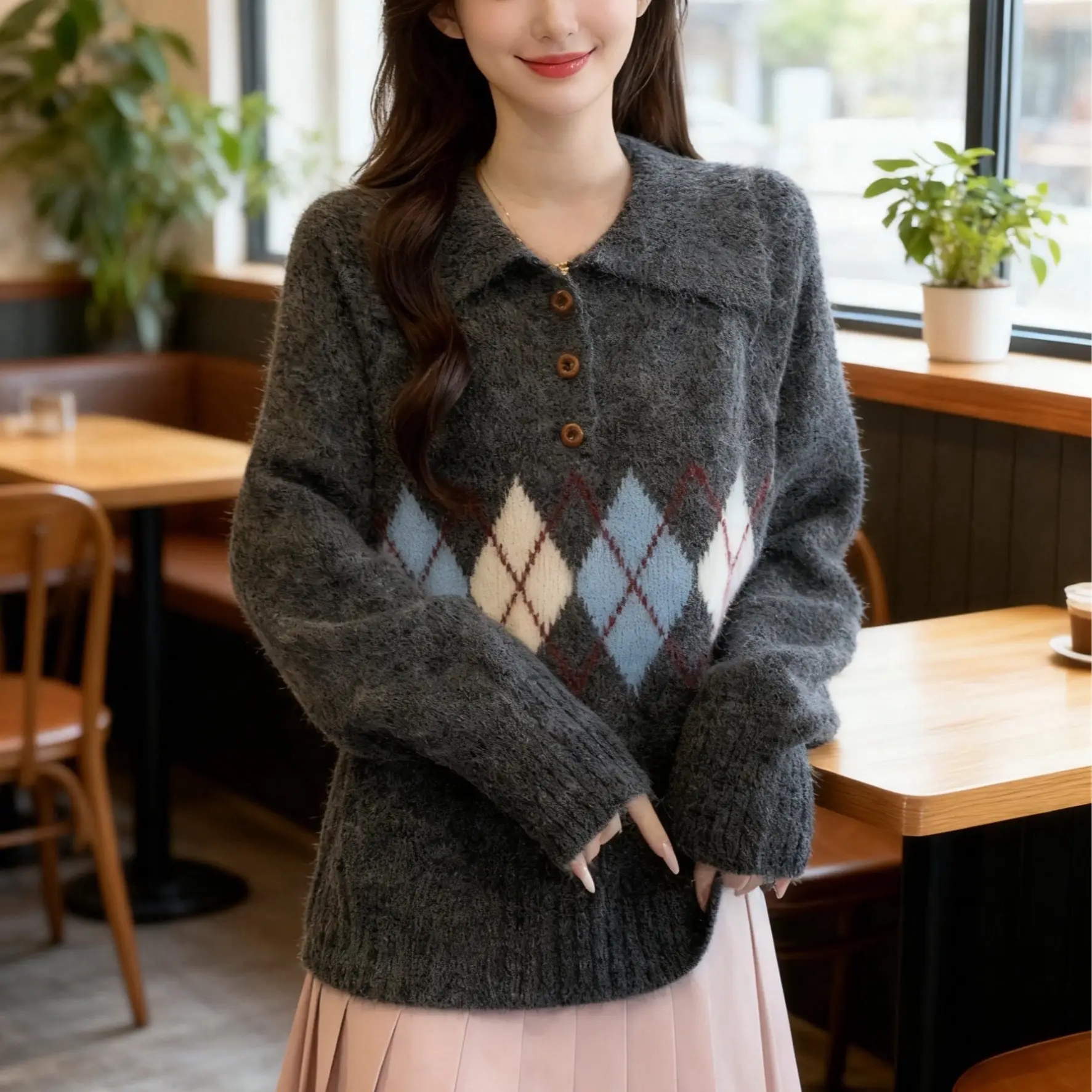 폴드 칼라 루즈핏 니트 가디건 상세 이미지 2