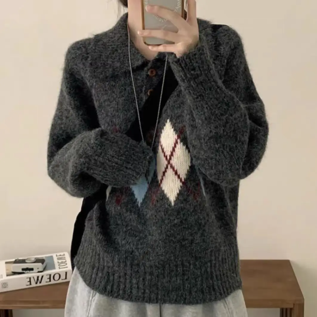 폴드 칼라 루즈핏 니트 가디건 상세 이미지 4