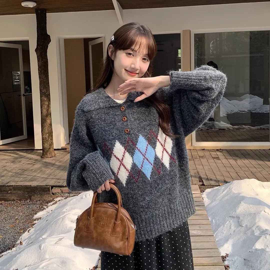 폴드 칼라 루즈핏 니트 가디건 상세 이미지 6