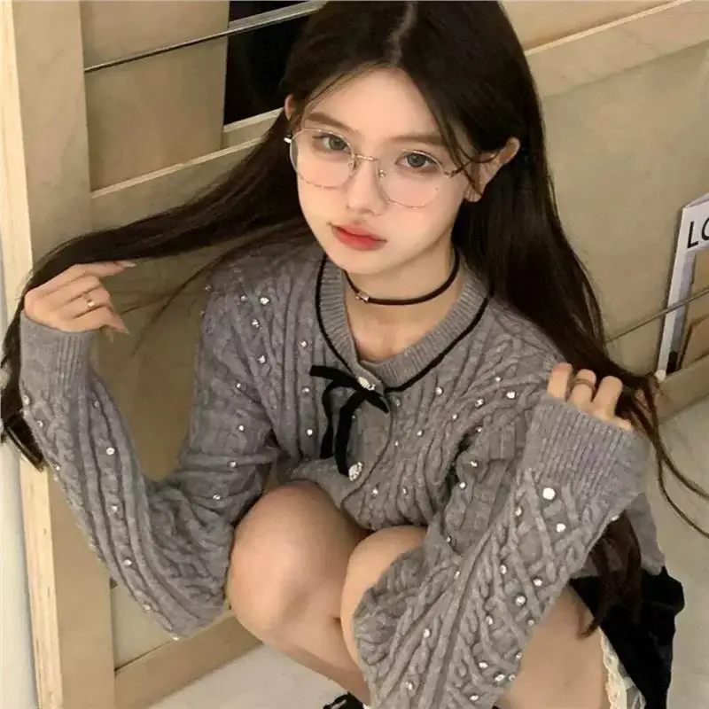샤넬풍 크리스탈 장식 긴소매 가디건 상세 이미지 2