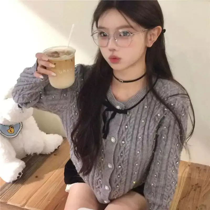 샤넬풍 크리스탈 장식 긴소매 가디건 상세 이미지 3