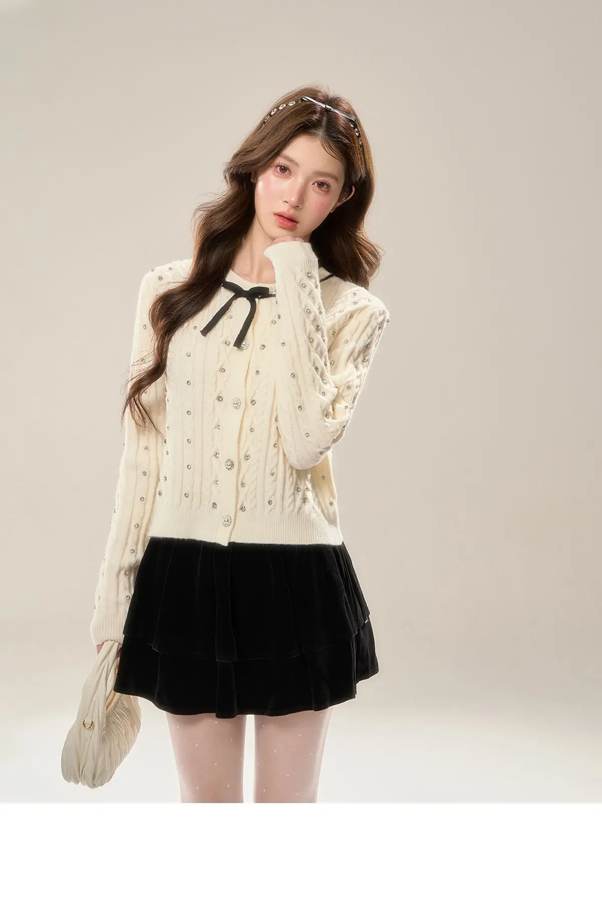 샤넬풍 크리스탈 장식 긴소매 가디건 상세 이미지 10