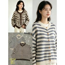 批发韩国chic<b class='q'>夏</b>季复古休闲撞色条纹单排扣宽松百搭短袖薄款针织衫上