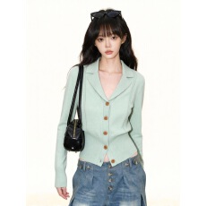 批发绿色<b class='q'>西装</b>领针织开衫<b class='q'>女</b>2026春秋季新款高级感修身收腰内搭打底上衣