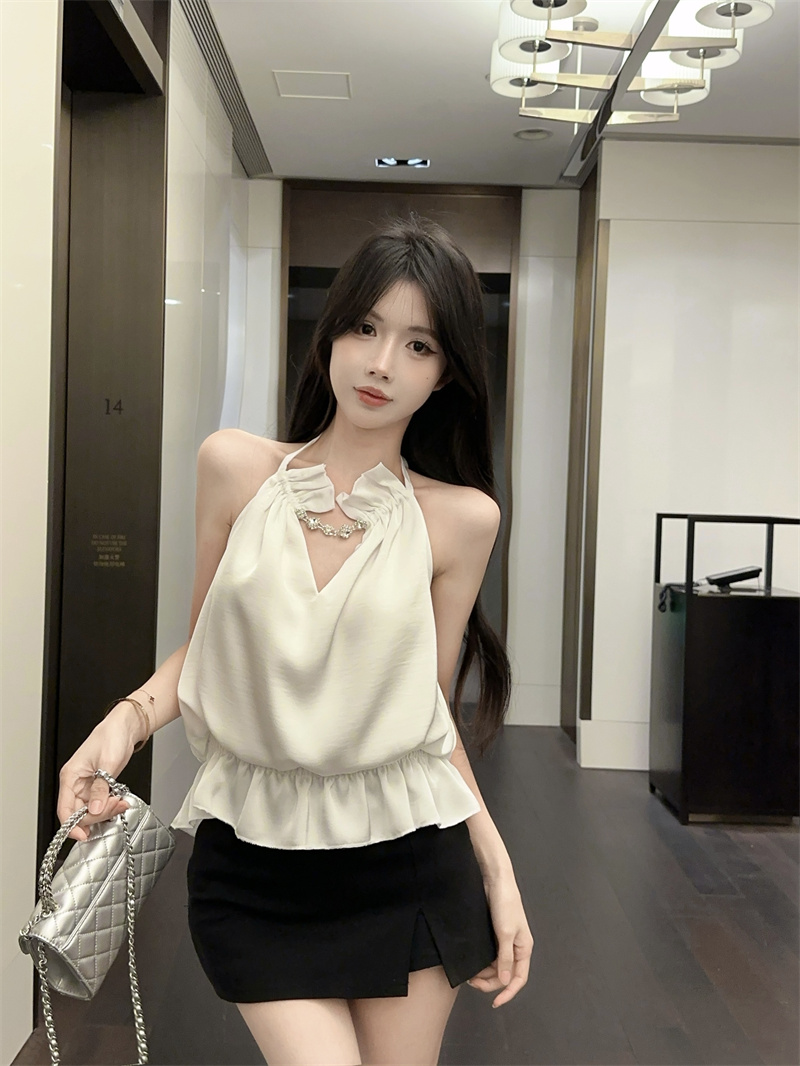 실사 정가 고급 센스 새틴 V넥 훈련 사슬 파란색 행침 목 조끼 몸매 가꾸기 맨위 여성