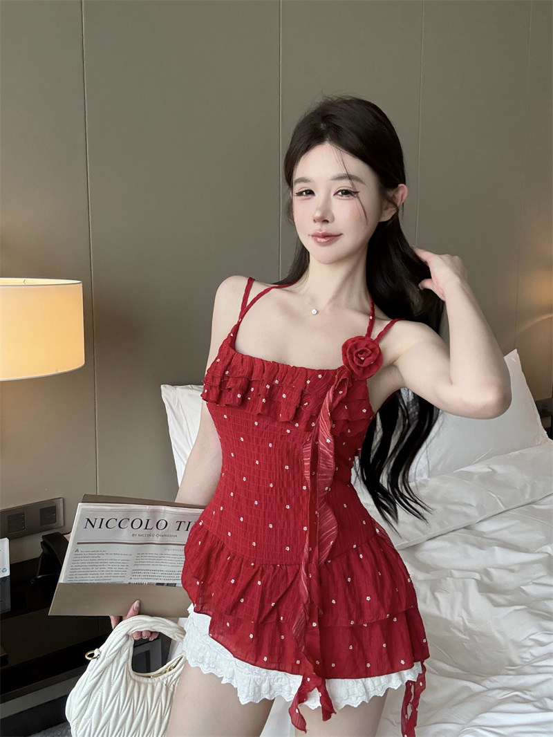 BY28639# 性感红色波点吊带连衣裙女 服裝批發女裝批發服飾貨源