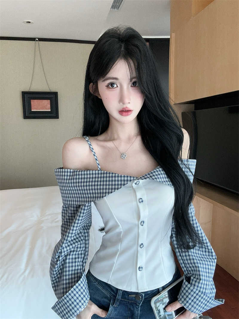 FA36961# 新款绝美辣妹格子拼接一字肩修身长袖t恤上衣女好质量 服裝批發女裝批發服飾貨源