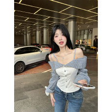 批发<b class='q'>实拍</b>实价 辣妹格子拼接一字肩修身长袖<b class='q'>t</b><b class='q'>恤</b>上衣女好质量