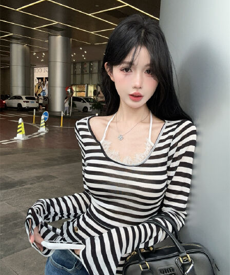 실사 디자인 센스 레이스 행침 목 배색 스트라이프 티셔츠 맨위 여성