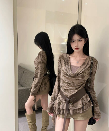 실사 고급 센스 다용도 페이크 레이어드 흔들다 칼라 긴팔 티셔츠 맨위 여성 경기 벨트